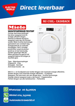 Miele TEC575WP droger nu 1149,- na 100,- cashback via Miele