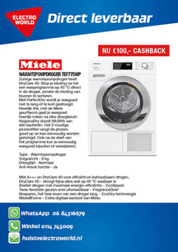 Miele TEF775WP droger nu 1349,- na 100,- cashback via Miele